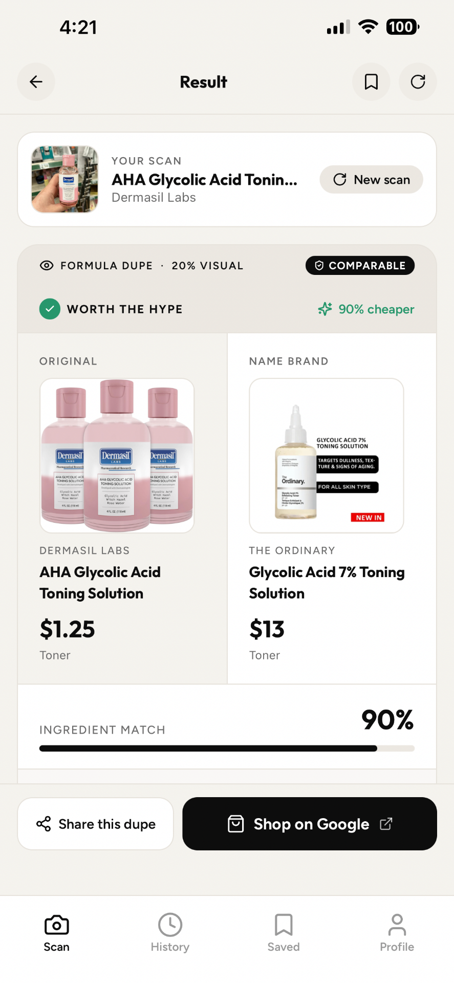 Dupli result screen showing 90% ingredient match